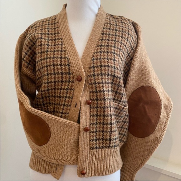 Vintage 80s Ralph Lauren Houndstooth Wool Cardigan Grandpa Sweater Elbow Patch M - Picture 5 of 8